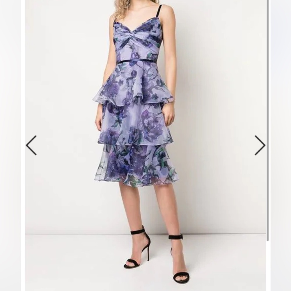 Marchesa Notte Tiered Floral Cocktail Dress in Lavender